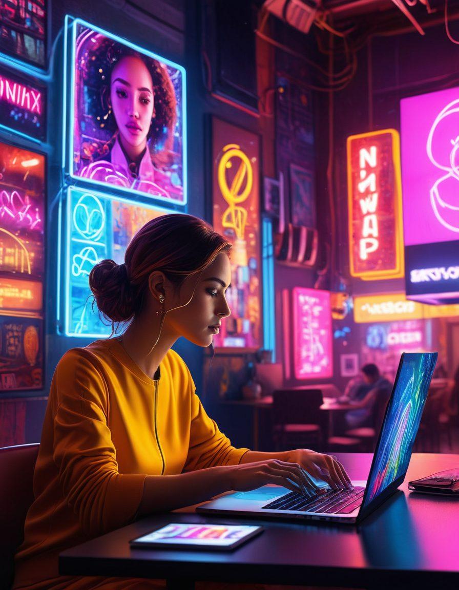 A sophisticated digital scene depicting a person navigating a sleek laptop surrounded by vibrant neon lights, representing the thrill of exploring adult websites. The background showcases abstract symbols of entertainment, such as film strips and playful icons, emphasizing maturity and exploration. Soft focus on the person to create an intimate yet engaging atmosphere. glowing colors, digital art, modern style.