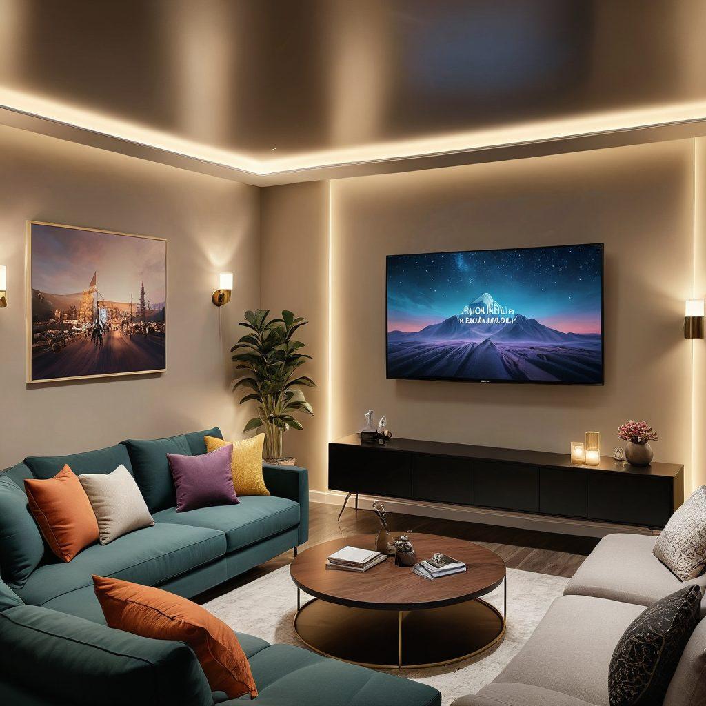 A captivating scene showcasing a cozy and inviting adult streaming room, complete with a large screen displaying a live performance, soft ambient lighting, and plush seating. Include a diverse group of people engaging and laughing together, with playful and whimsical decorations surrounding the space. Emphasize warmth and a sense of community in a modern, stylish setting. vibrant colors. 3D.
