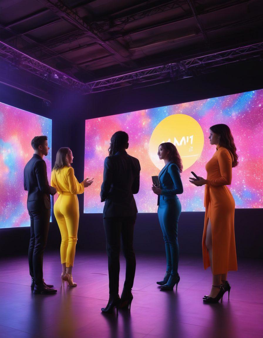 A vibrant and dynamic scene showcasing a variety of live streaming platforms, featuring diverse performers in stylish outfits, engaging with an enthusiastic audience through digital screens. The atmosphere is filled with vivid lighting and colorful graphics, symbolizing the exciting world of adult entertainment. Incorporate elements like chat bubbles, emojis, and interactive elements to convey engagement. super-realistic. vibrant colors. modern tech-infused design.